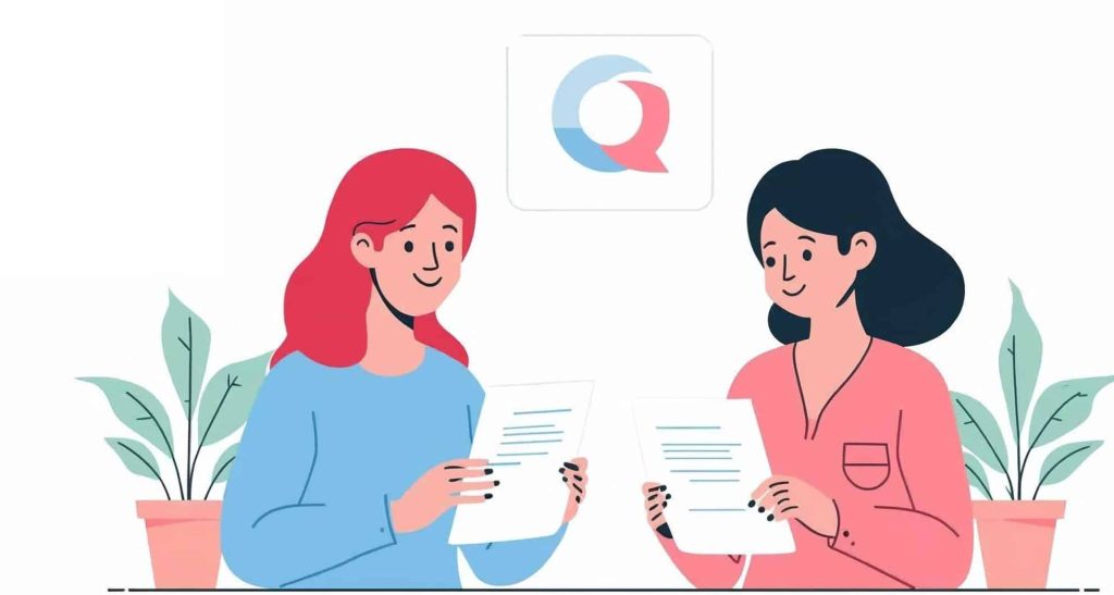 Flat vector illustration of a support coordinator helping a participant with documents modern healthcare style white background pink light blue and soft green color palette inclusive char 1 scaled e1775275145559