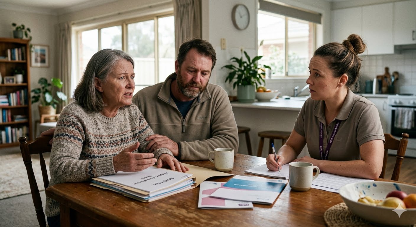 NDIS participant and family member discussing support needs with a provider in a modern Australian home.